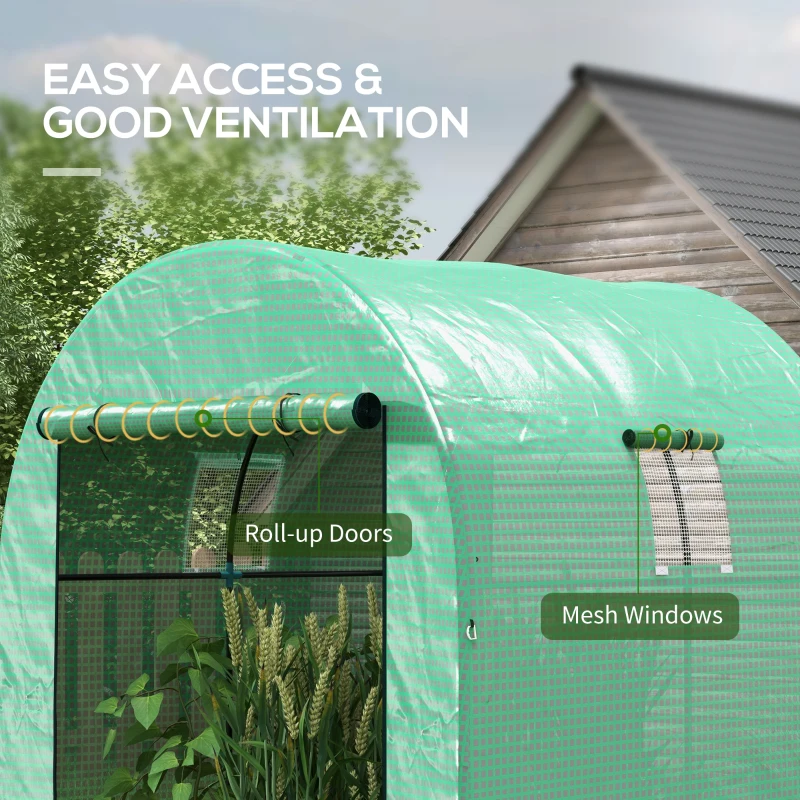 Outsunny Tunnel Greenhouse Walk-in Green House with UV-resistant PE Cover, Doors and Mesh Windows, 6' x 6' x 6.6', Green