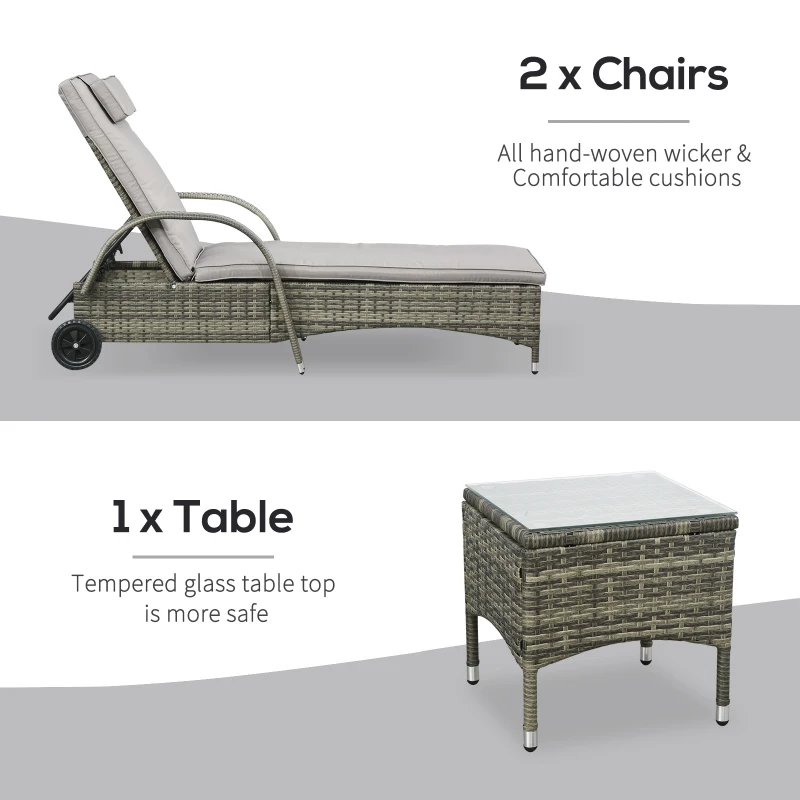 Outsunny Patio Rattan Lounge Set, Wheeled Wicker Chaise Lounge Chair and Table with Tempered Glass Top, Mixed Grey