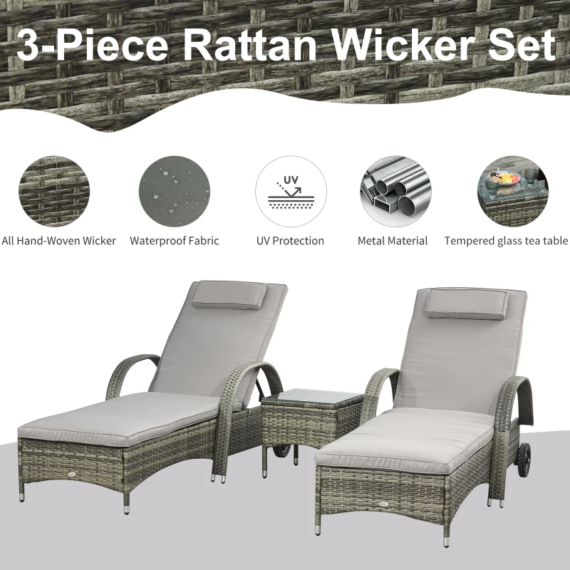 Outsunny Patio Rattan Lounge Set, Wheeled Wicker Chaise Lounge Chair and Table with Tempered Glass Top, Mixed Grey