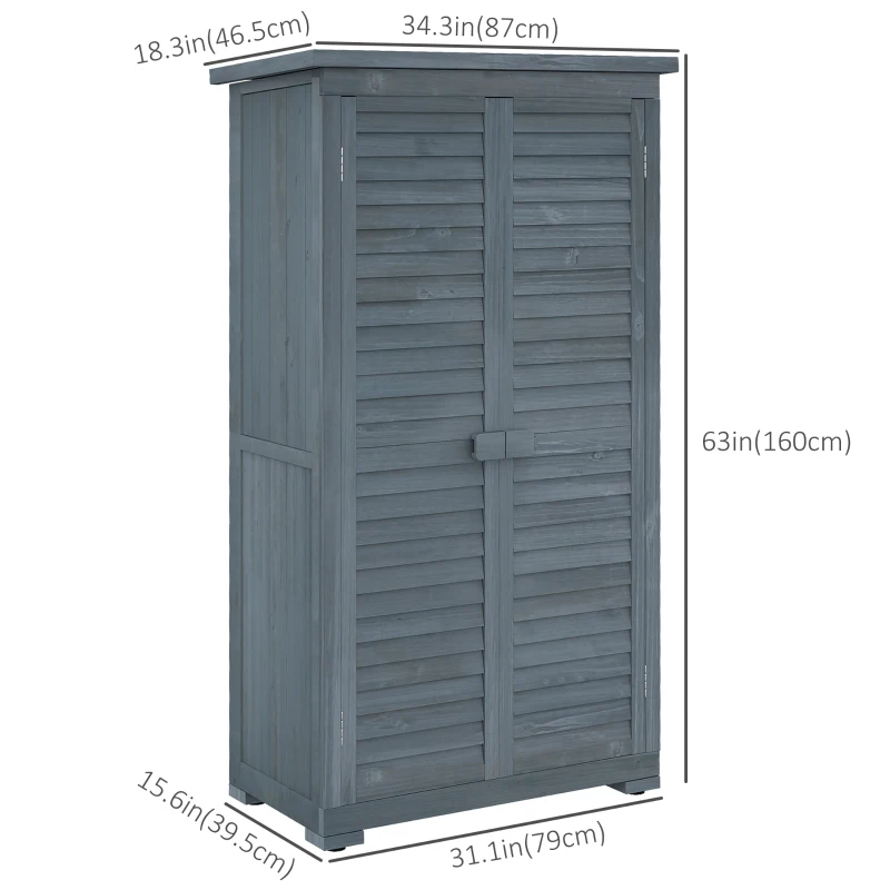 Outsunny Outdoor Garden Shed, Wooden Tool Storage Shed, 3-Tier Shelves, Asphalt Roof, Shutter Doors, 34.3" x 18.3" x 63", Grey