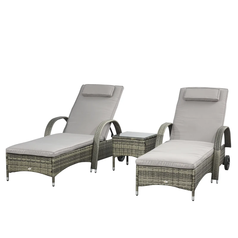 Outsunny Patio Rattan Lounge Set, Wheeled Wicker Chaise Lounge Chair and Table with Tempered Glass Top, Mixed Grey