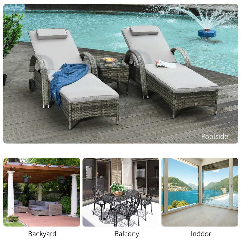 Outsunny Patio Rattan Lounge Set, Wheeled Wicker Chaise Lounge Chair and Table with Tempered Glass Top, Mixed Grey