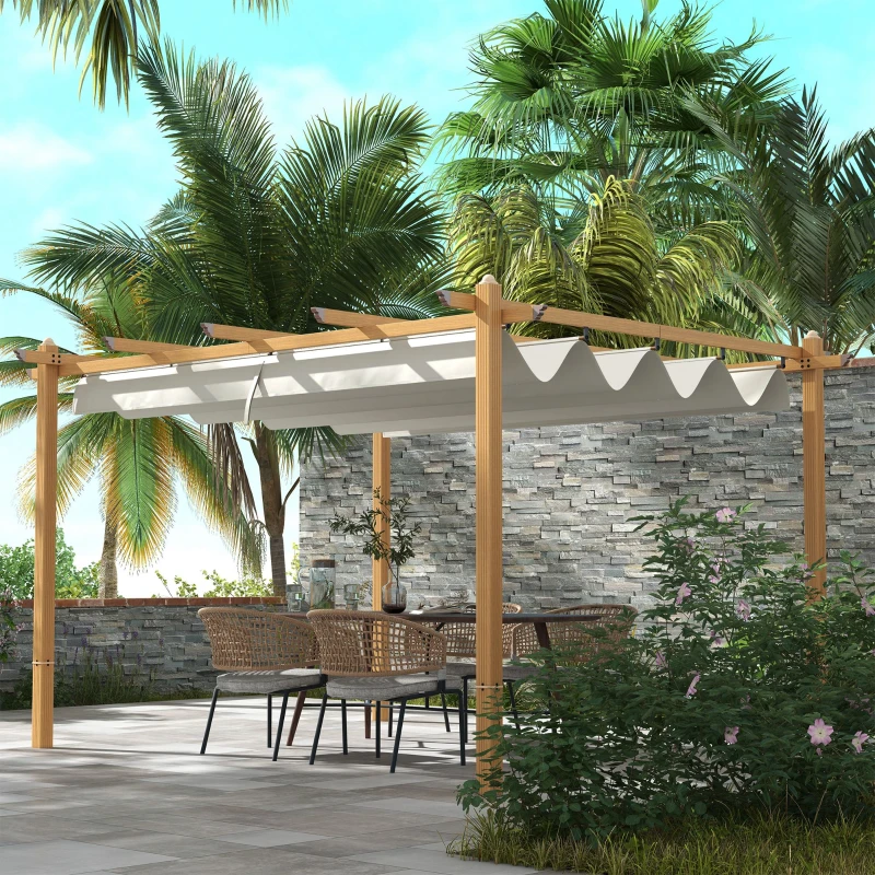 Outsunny 10'x13' Retractable Pergola Canopy, Wood Grain Aluminum, Outdoor Sun Shade for Patio, Garden, Cream White