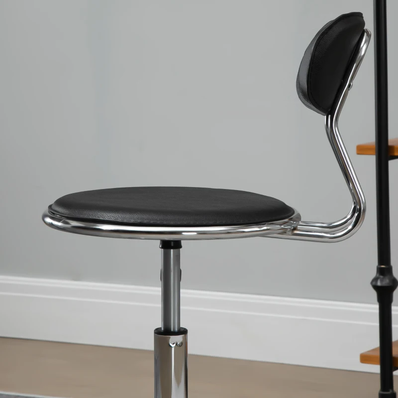HOMCOM Faux Leather Salon Stool, Height Adjustable Rolling Stool with Footrest Ring, Back and Wheels for Beauty, Tattoo, Black