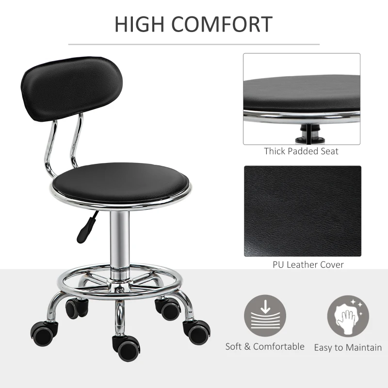 HOMCOM Faux Leather Salon Stool, Height Adjustable Rolling Stool with Footrest Ring, Back and Wheels for Beauty, Tattoo, Black