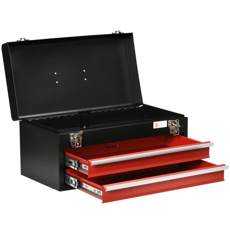 DURHAND 8.7" Portable Metal Tool Box with Metal Latch Closure, 2 Drawer Lockable Tool Chest with Ball-bearing Slider for Garage, Household and Warehouse, Red