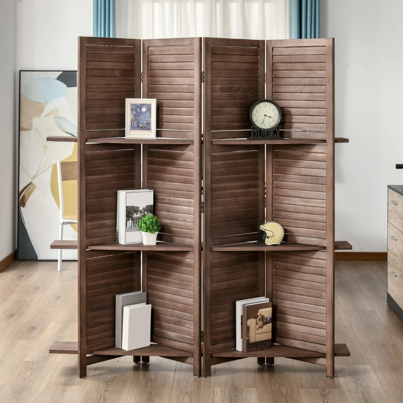 HOMCOM 5.6' 4 Panel Room Divider, Folding Wall Divider, Indoor Privacy Screen for Home Office, Walnut Brown