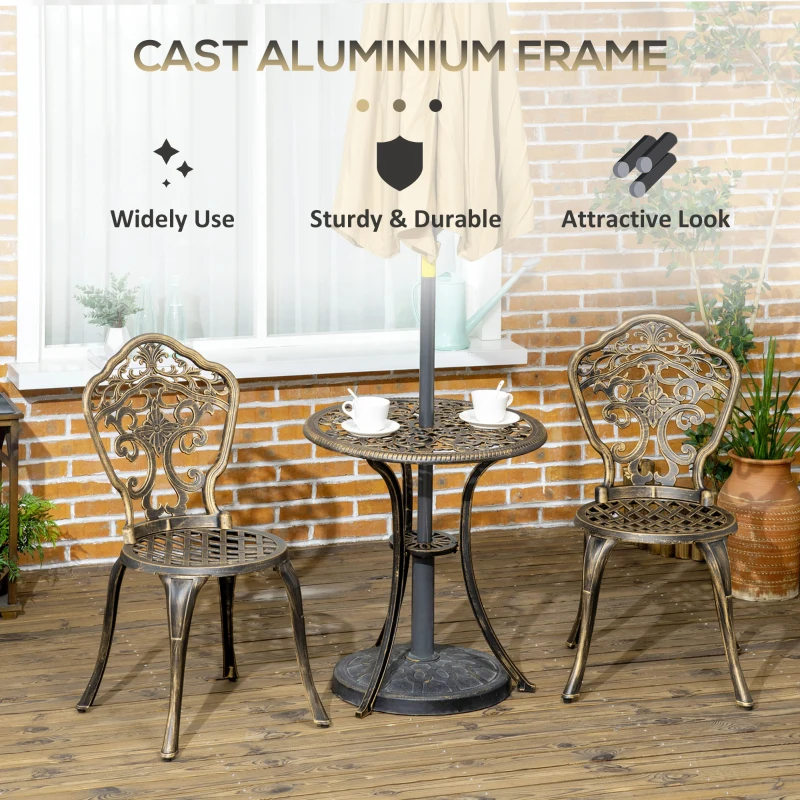 Outsunny Outdoor 3 Piece Garden Bistro Set, 2 Chairs and A Round Table with Parasol Hole for Balcony, Patio, Bronze