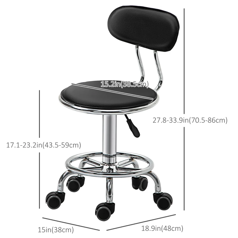 HOMCOM Faux Leather Salon Stool, Height Adjustable Rolling Stool with Footrest Ring, Back and Wheels for Beauty, Tattoo, Black