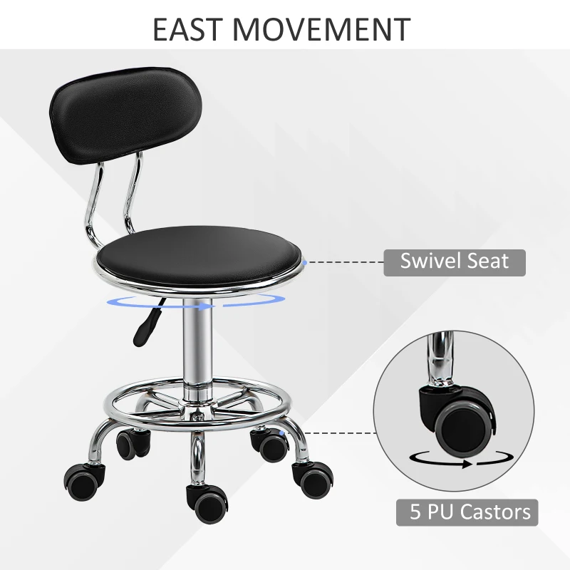 HOMCOM Faux Leather Salon Stool, Height Adjustable Rolling Stool with Footrest Ring, Back and Wheels for Beauty, Tattoo, Black