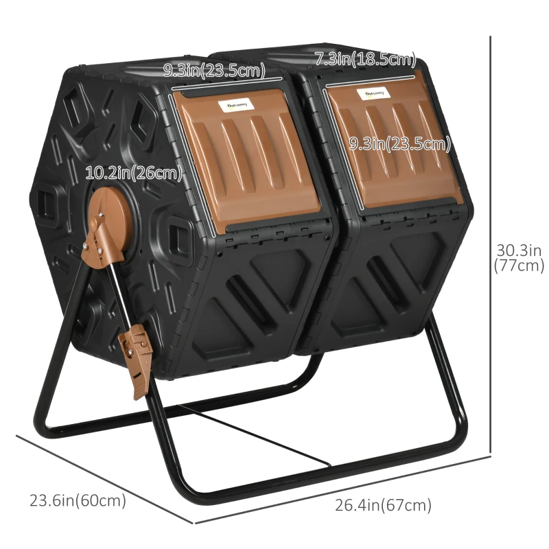 Outsunny Rotating Composter, Dual Chamber Compost Bin with 24 Vents and Steel Legs, 34.5 Gallon, Brown