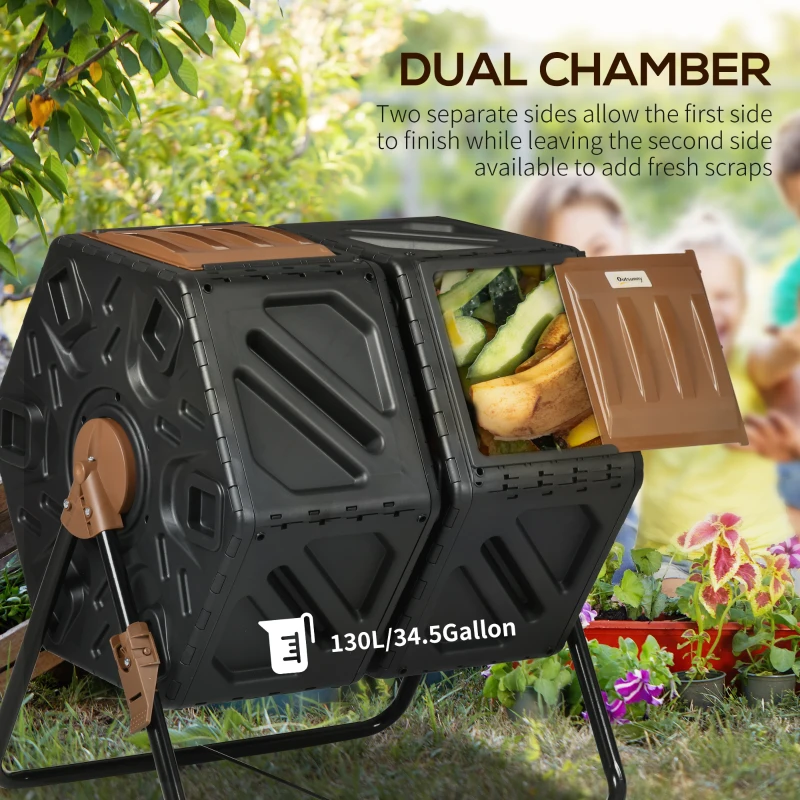 Outsunny Rotating Composter, Dual Chamber Compost Bin with 24 Vents and Steel Legs, 34.5 Gallon, Brown