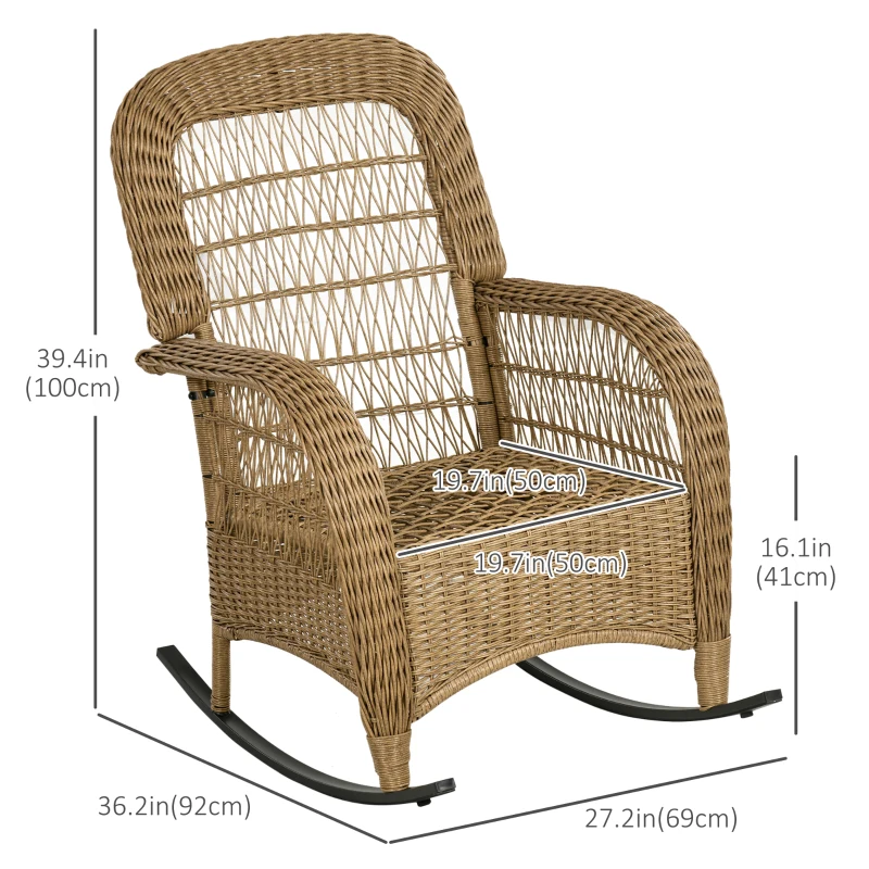 Outsunny Rattan Rocking Chair w/ Cushion, Garden Porch Furniturew, Light Grey
