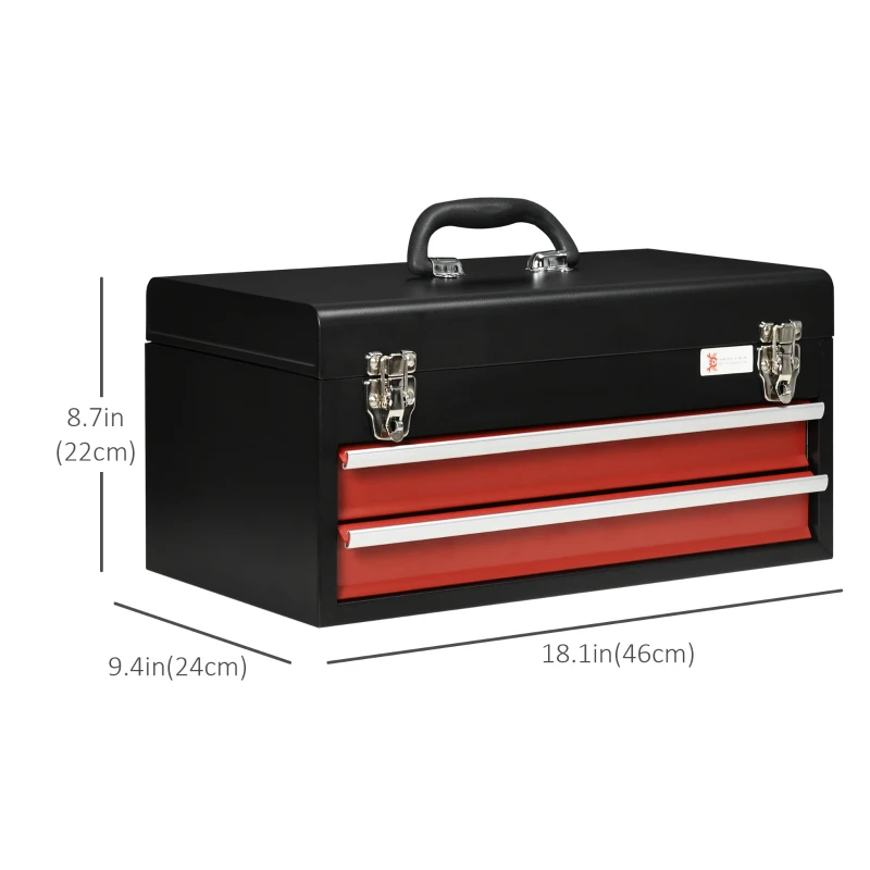 DURHAND 8.7" Portable Metal Tool Box with Metal Latch Closure, 2 Drawer Lockable Tool Chest with Ball-bearing Slider for Garage, Household and Warehouse, Red