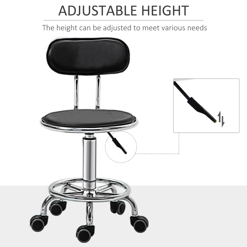 HOMCOM Faux Leather Salon Stool, Height Adjustable Rolling Stool with Footrest Ring, Back and Wheels for Beauty, Tattoo, Black