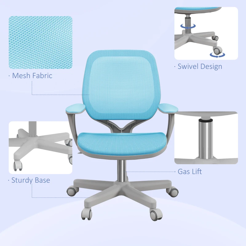 Vinsetto Office Chair, Small Computer Desk Chair with Mesh Back, Swivel Castors, Arm, Light Blue