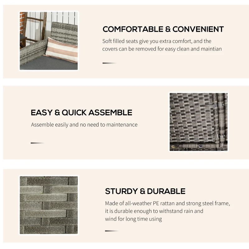 Outsunny 3-Seater Wicker Sofa, PE Rattan Outdoor Couch Conversation Furniture with Removable Cushions for Patio, Garden, Grey