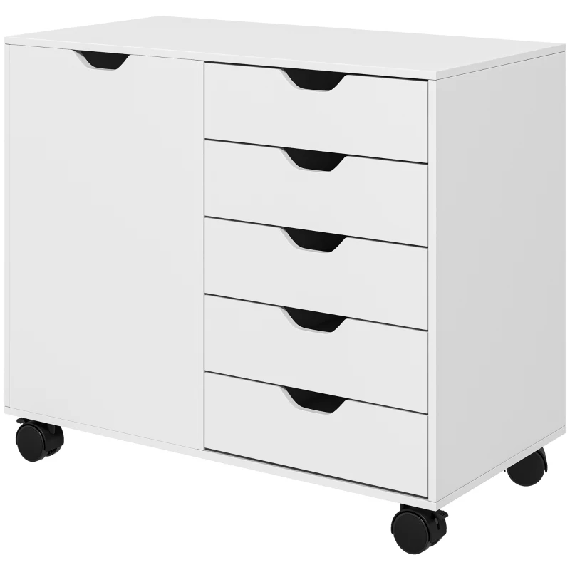 HOMCOM Mobile Filing Cabinet with 5 Drawers, Door and Adjustable Shelf, Rolling File Cabinet, Printer Table for Study