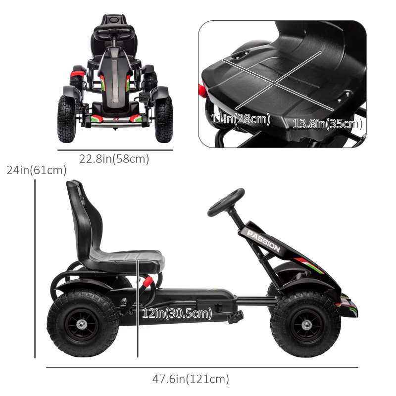 Aosom Pedal Go Kart for Kids, Pedal Car with Adjustable Bucket, Handbrake, 4 Rubber Wheels Powered Ride, Black