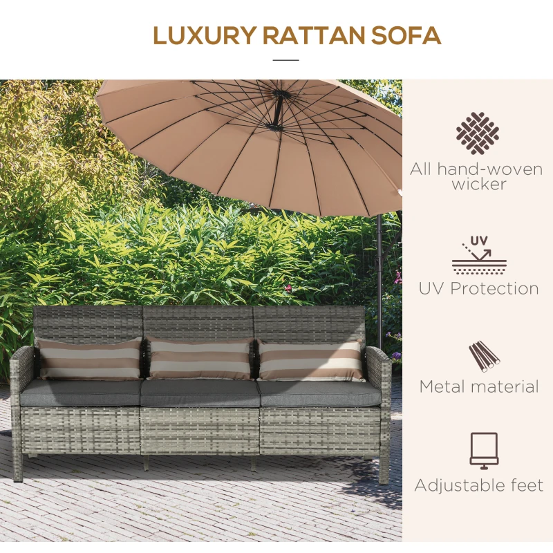 Outsunny 3-Seater Wicker Sofa, PE Rattan Outdoor Couch Conversation Furniture with Removable Cushions for Patio, Garden, Grey