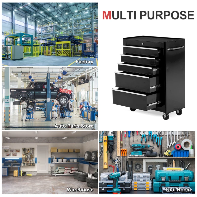 HOMCOM 5-Drawer Rolling Tool Cabinet on Wheels, Lockable Tool Chest, Tool Organizer for Garage, Factory and Workshop, Black