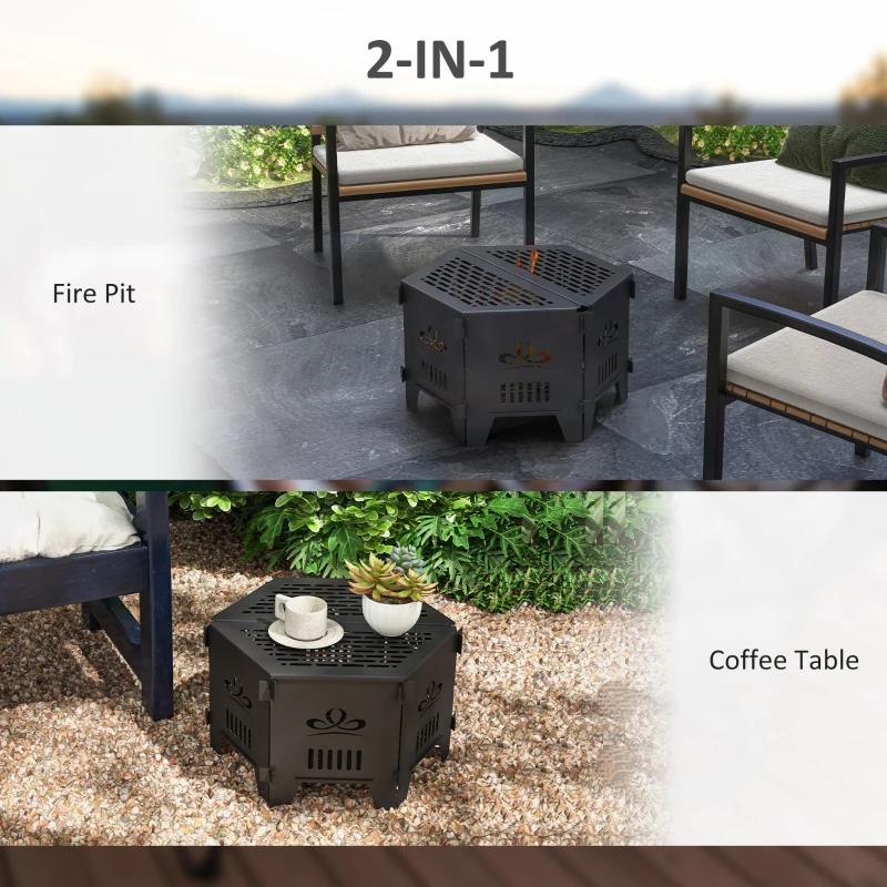 Outsunny 2-In-1 Portable Plug Fire Pit Table 20" Hexagon Firepit with Carrying Bag for Patio, Camping, Picnic, Bonfire