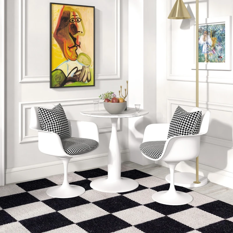 HOMCOM Round Dining Table, Modern Dining Room Table with Faux Marbled Top, Steel Base, Space Saving Small Kitchen Table, White