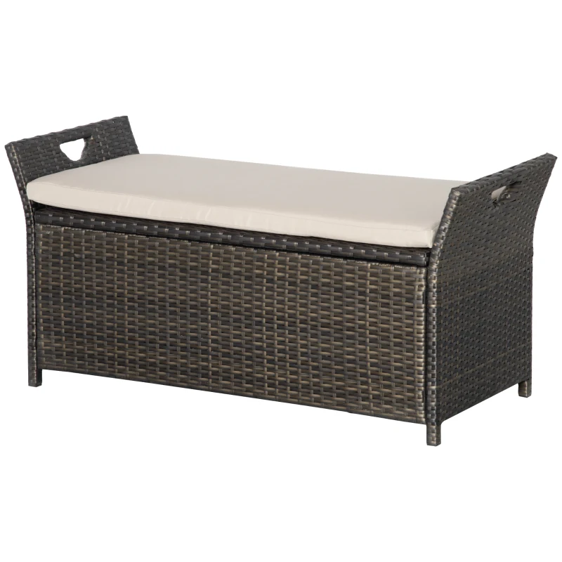 Outsunny 2-In-1 Outdoor PE Rattan Storage Bench, 29 Gallon Patio Wicker Furniture, Basket Box with Handles and Cushion Cream