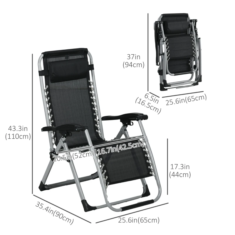 Outsunny Folding Garden Chairs Set of 2, Reclining Zero Gravity Chair, Sun Lounger with Cushion and Headrest, Dark Grey
