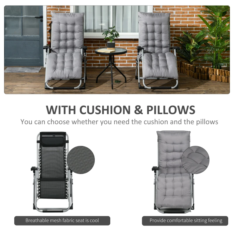 Outsunny Folding Garden Chairs Set of 2, Reclining Zero Gravity Chair, Sun Lounger with Cushion and Headrest, Dark Grey