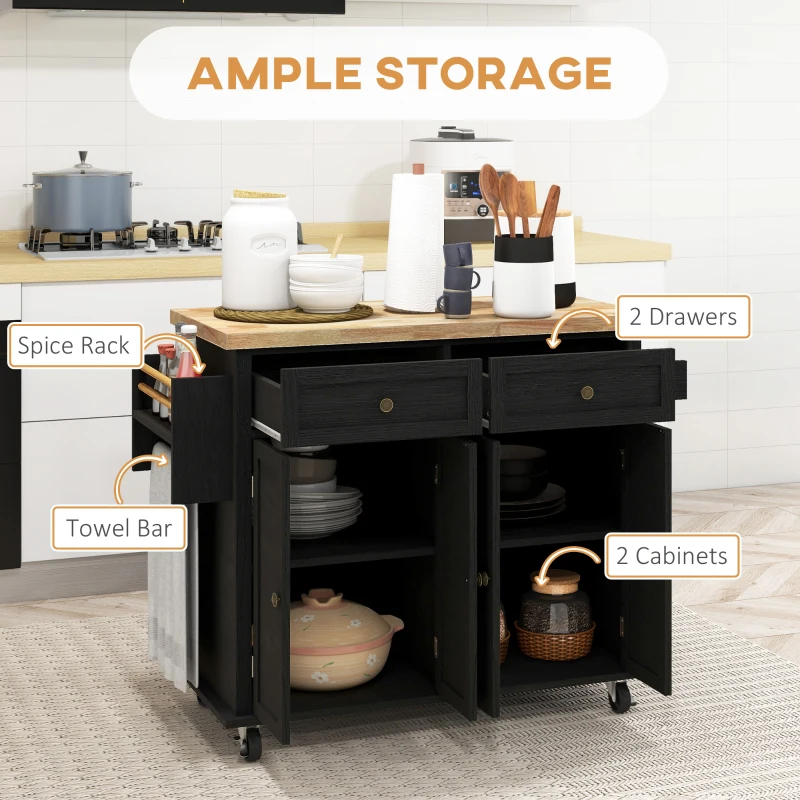 HOMCOM Modern Rolling Kitchen Island Cart with Spice Rack, Distressed Black