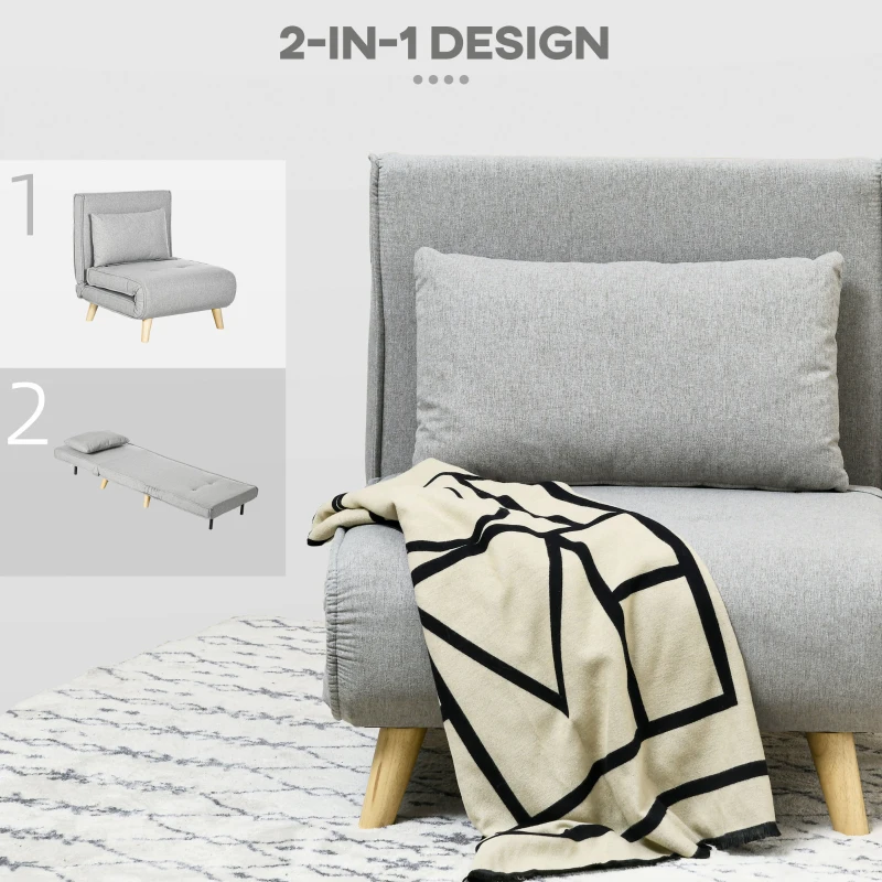 HOMCOM 2-in-1 Convertible Chair Bed, Multi-Functional Sleeper Sofa with Adjustable Backrest, Perfect for Living Room, Bedroom, Home Office, Light Gray