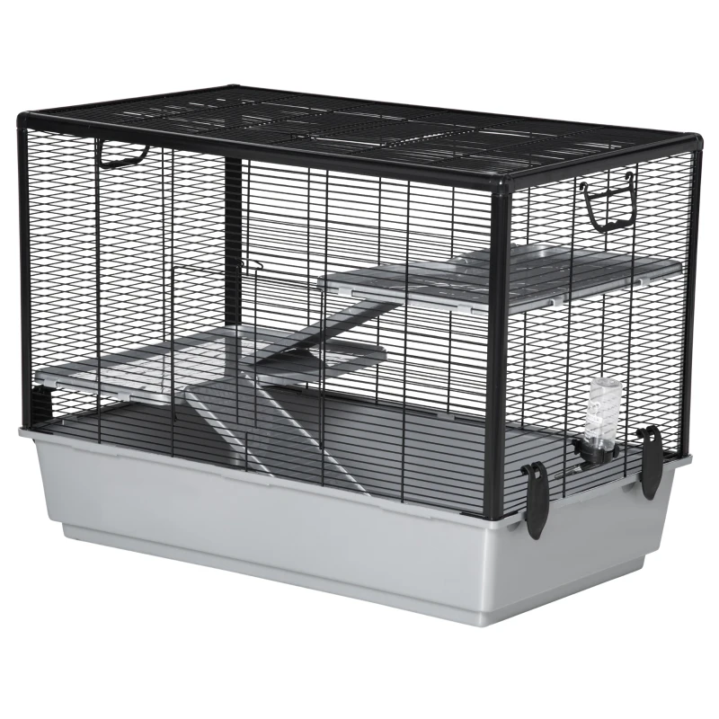 PawHut 3-tier Hamster Cage, Guinea Pig Cage with Accessories Food Dish Water Bottle, Ramps, 31.5"x19"x 23", Grey