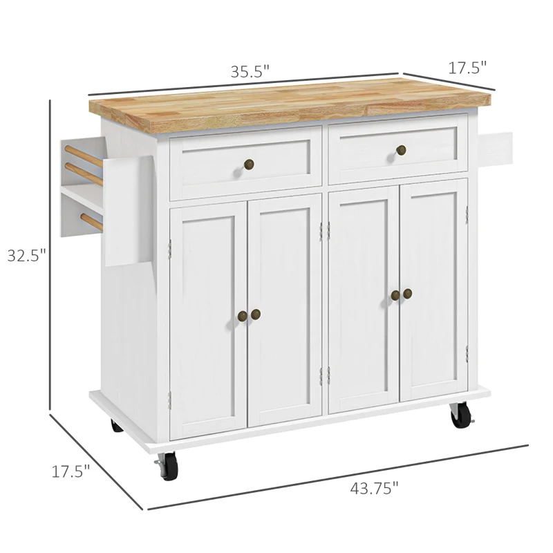 HOMCOM Modern Rolling Kitchen Island Cart with Spice Rack, Distressed White