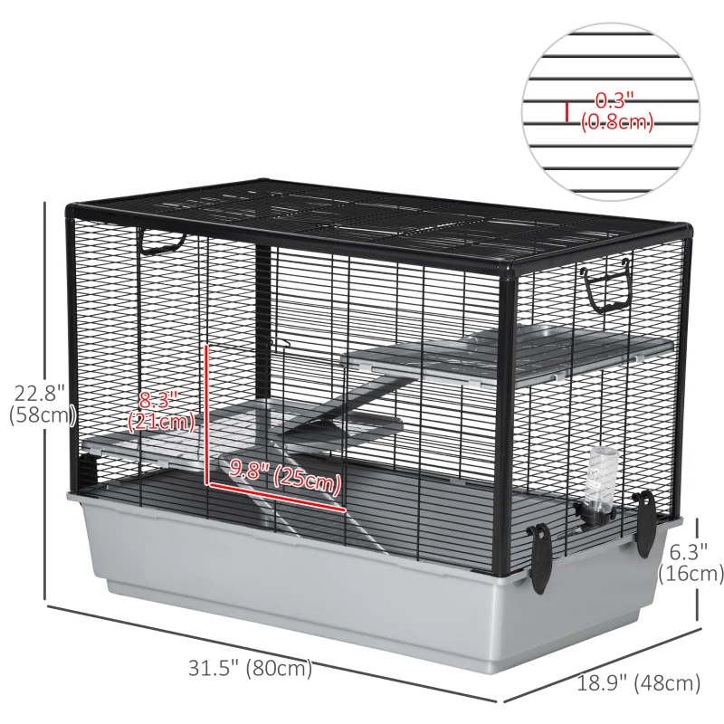 PawHut 3-tier Hamster Cage, Guinea Pig Cage with Accessories Food Dish Water Bottle, Ramps, 31.5"x19"x 23", Grey