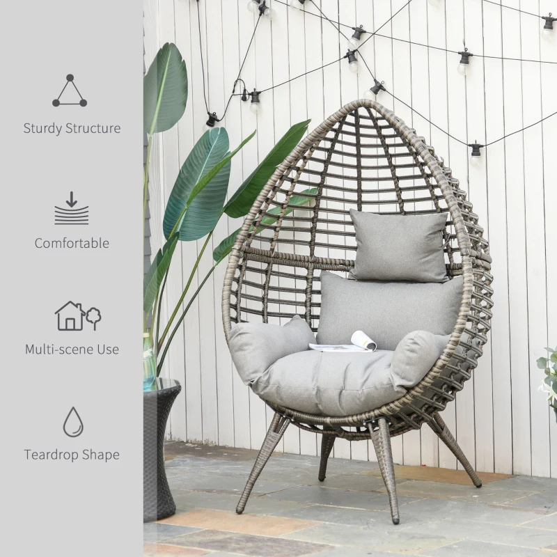 Outsunny Outdoor/Indoor Rattan Chair with Soft Cushion, Wicker Egg Lounge Chair for Backyard Garden Balcony Lawn, Light Grey