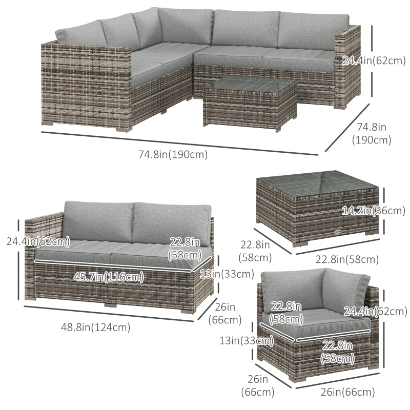 Outsunny 4 Pieces Rattan Wicker Outdoor Conversation Furniture Set w/ Corner Sofa Loveseats Coffee Table Cushions, Mixed Grey