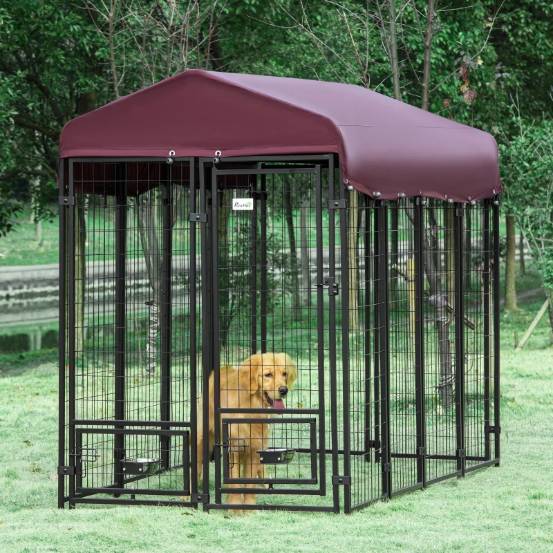PawHut Outdoor Dog Kennel with Rotating Bowl Holders, Pet Playpen with Waterproof Cover, 8' x 4' x 6', Red