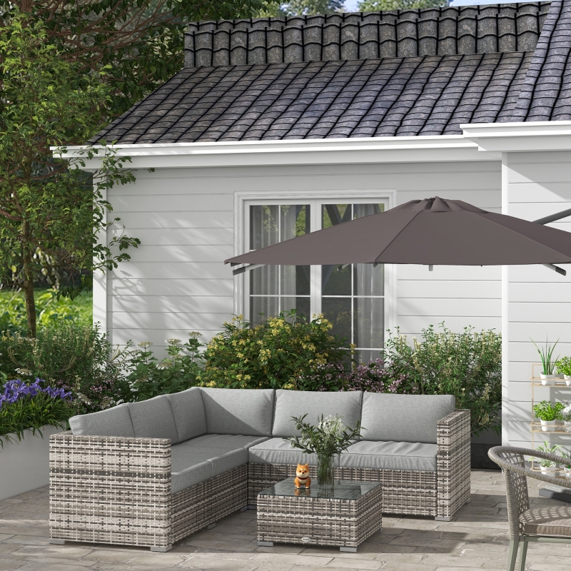 Outsunny 4 Pieces Rattan Wicker Outdoor Conversation Furniture Set w/ Corner Sofa Loveseats Coffee Table Cushions, Mixed Grey