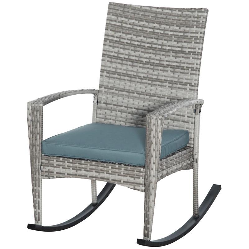 Outsunny Outdoor PE Rattan Rocking Chair, Garden Glider Rocking Chair, Wicker Patio Chair Set with Armrest and Cushion, Grey