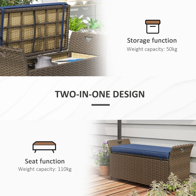 Outsunny Outdoor Patio Wicker Storage Bench, 2-In-1 Rattan Patio Furniture, 29 Gal Storage Box w/ Cushion, Dark Blue