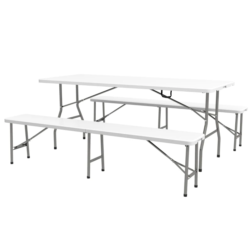 Outsunny Folding Picnic Table with 2 Benches, 3-Piece Portable Outdoor Picnic Table Bench Set for 6, Patio Dining Table Set with Plastic Top, Steel Frame for Garden, White