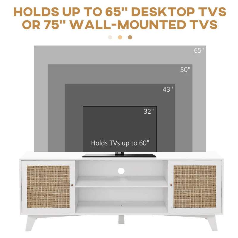 HOMCOM TV Stand Cabinet for 65-Inch, TV Table with 2 Rattan Doors, Television Stand with Adjustable Shelves and Cable Holes