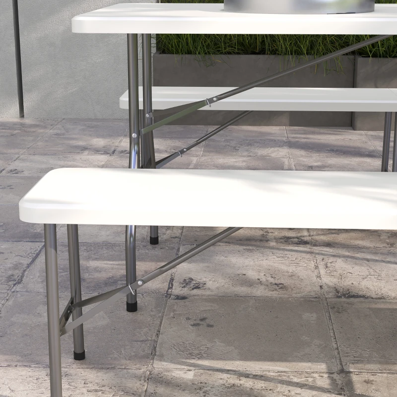 Outsunny Folding Picnic Table with 2 Benches, 3-Piece Portable Outdoor Picnic Table Bench Set for 6, Patio Dining Table Set with Plastic Top, Steel Frame for Garden, White
