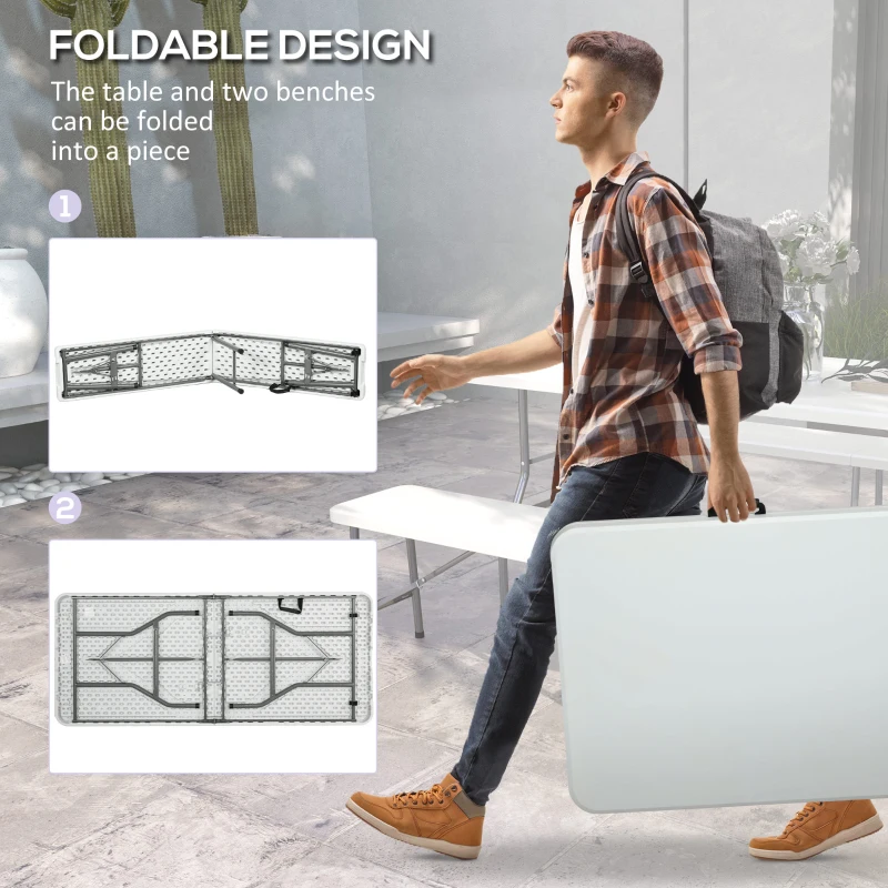 Outsunny Folding Picnic Table with 2 Benches, 3-Piece Portable Outdoor Picnic Table Bench Set for 6, Patio Dining Table Set with Plastic Top, Steel Frame for Garden, White