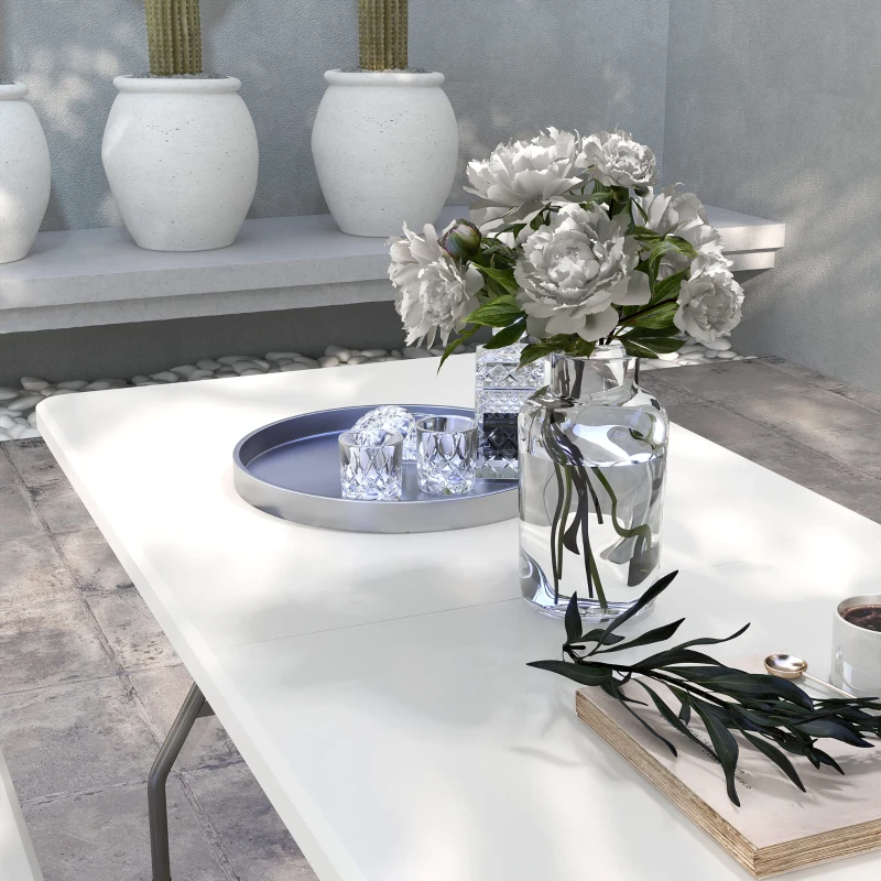 Outsunny Folding Picnic Table with 2 Benches, 3-Piece Portable Outdoor Picnic Table Bench Set for 6, Patio Dining Table Set with Plastic Top, Steel Frame for Garden, White