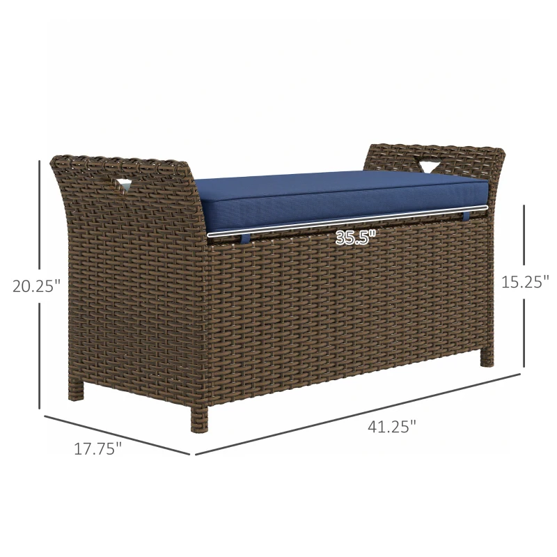 Outsunny Outdoor Patio Wicker Storage Bench, 2-In-1 Rattan Patio Furniture, 29 Gal Storage Box w/ Cushion, Dark Blue
