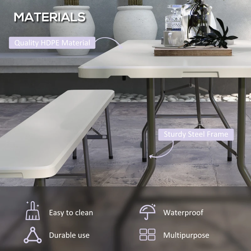 Outsunny Folding Picnic Table with 2 Benches, 3-Piece Portable Outdoor Picnic Table Bench Set for 6, Patio Dining Table Set with Plastic Top, Steel Frame for Garden, White