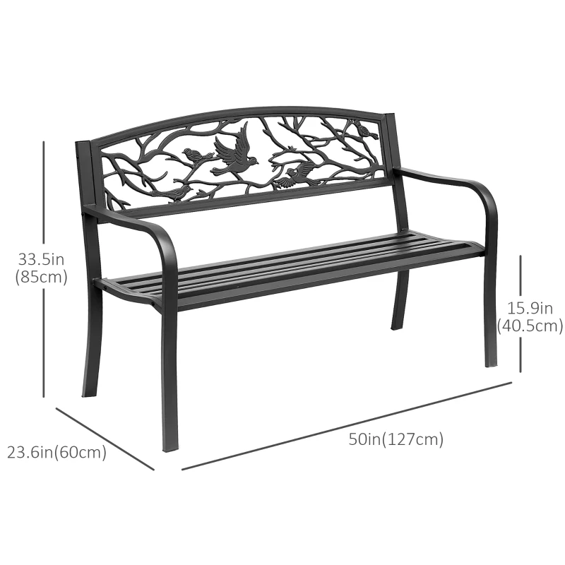 Outsunny 50" Garden Bench Outdoor Loveseat with Vintage Bird Pattern Cast Metal - Black
