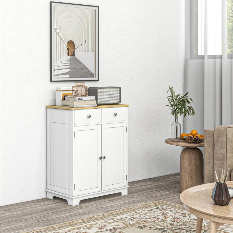 HOMCOM Kitchen Storage Cabinet, Sideboard Floor Cupboard with Solid Wood Top, Adjustable Shelf, and 2 Drawers, Distressed White